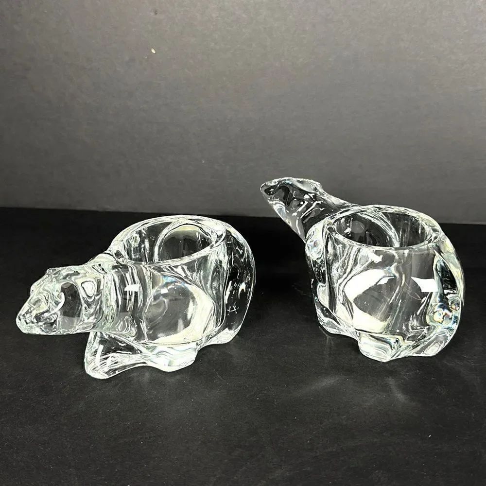 Set of Two New Indiana Glass Co Crystal Polar Bear Votive Tea Light Holders